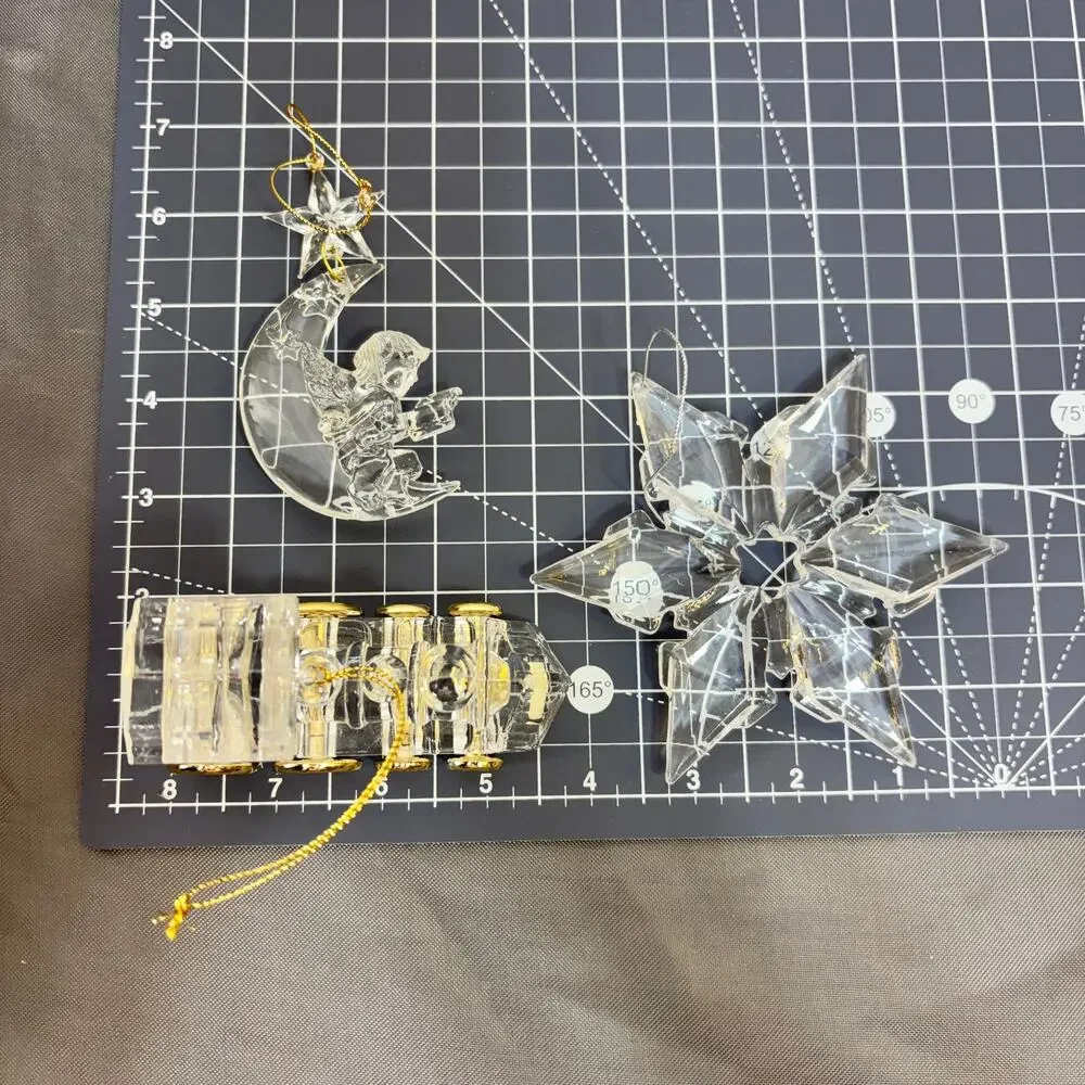 Clear Acrylic Christmas Ornament Lot of 3 Snowflake + Locomotive + Angel in Moon